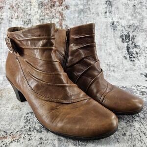 Cobb Hill Booties Womens 11 Brown Leather Ankle Boots Side Zip Buckle Block Heel